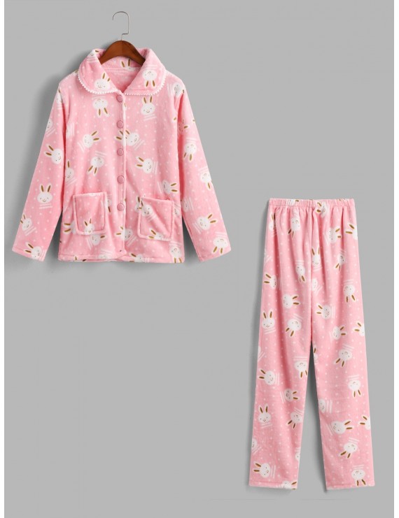 Rabbit Fuzzy Pocket Pajama Pants Set - Pink M