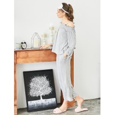 Cold Shoulder Smocked Top And Pants - Gray M