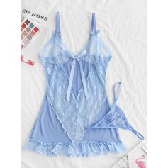 Bowknot Lace Insert Frilled Lingerie Dress - Day Sky Blue S