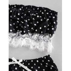 Eyelash Lace Panel Polka Dot Bandeau Pajamas Set - Black S
