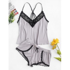 Lace Insert Bowknot Strappy Pajama Set - Gray Cloud S