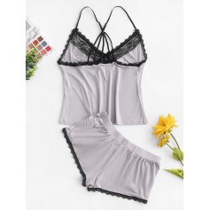 Lace Insert Bowknot Strappy Pajama Set - Gray Cloud S