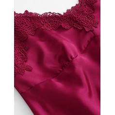 Lace Panel Padded Satin Pajama Suit - Red Wine M