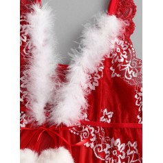 Faux Fur Pompom Christmas Lingerie Babydoll Set - Red M