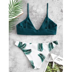  Leaf Print Swimwear Set - Peacock Blue M