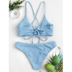  Criss Cross Textured Padded Swimwear Swimsuit - Denim Blue S
