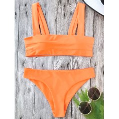 Padded Wide Straps Bandeau Neon Swimwear Set - Neon Orange S