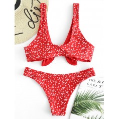 Tiny Floral Low Waisted Knot Swimwear Swimsuit - Fire Engine Red S
