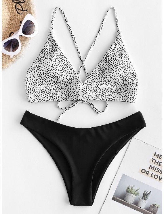  Dalmatian Dot Crisscross High Leg Swimwear Swimsuit - Black S