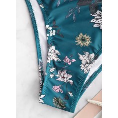  Floral Lace-up Scalloped Bandeau Swimwear Swimsuit - Peacock Blue S