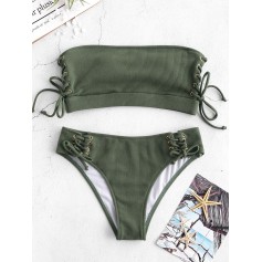  Ribbed Lace Up Bandeau Swimwear Set - Jungle Green M