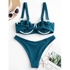  O-ring Underwire Pleated Tie Swimwear Swimsuit - Greenish Blue M
