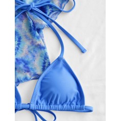  Mesh Tie Dye Halter String Three Piece Swimwear Swimsuit - Dodger Blue M