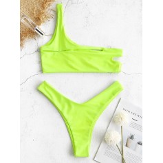  One Shoulder Cut Out Bralette Swimwear Set - Green Yellow S
