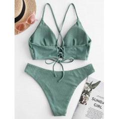  Ribbed Lace Up Cami Swimwear Swimwear - Sea Turtle Green S