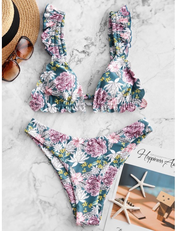  Flower Ruffle High Leg Swimwear Swimsuit - Multi-a S