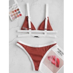  Buckled Contrast Piping Textured Ribbed Swimwear Swimsuit - Sepia S