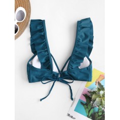  Ruffle Plunging Padded Swimwear Top - Greenish Blue L