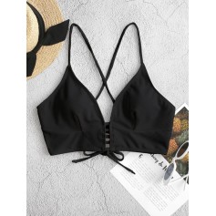  Textured Strappy Crisscross Lace-up Swimwear Top - Black M