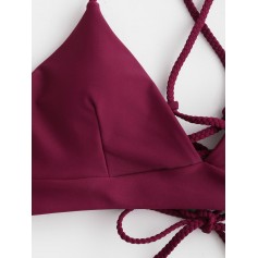  Braided Straps Lace Up Padded Swimwear Top - Maroon M