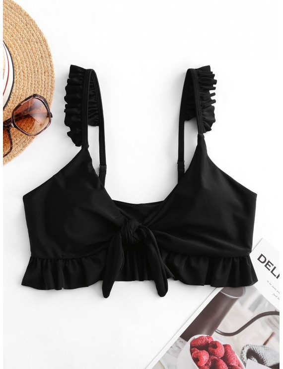  Ruffle Tie Front Plunging Swimwear Top - Black S