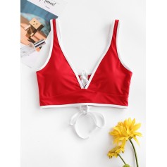  Contrast Piping Plunging Lace Up Swimwear Top - Lava Red M