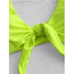  Tied Plunging Padded Swimwear Top - Green Yellow S
