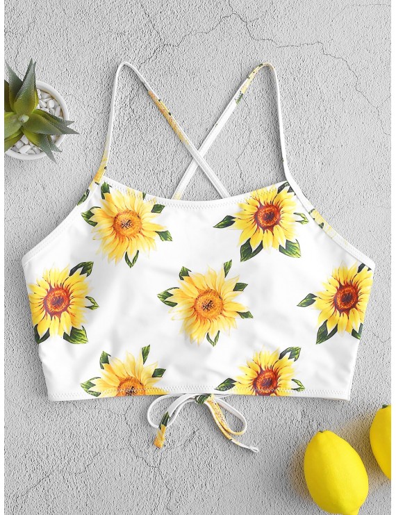  Sunflower Print Lace-up Cropped Swimwear Top - White M