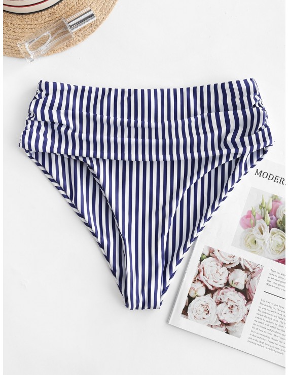  Vertical Striped Ruched High Waisted Swimwear Bottom - Denim Dark Blue M