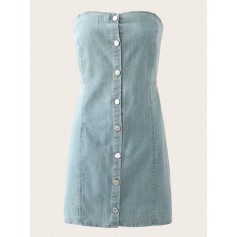 Solid Button Front Tube Denim Dress