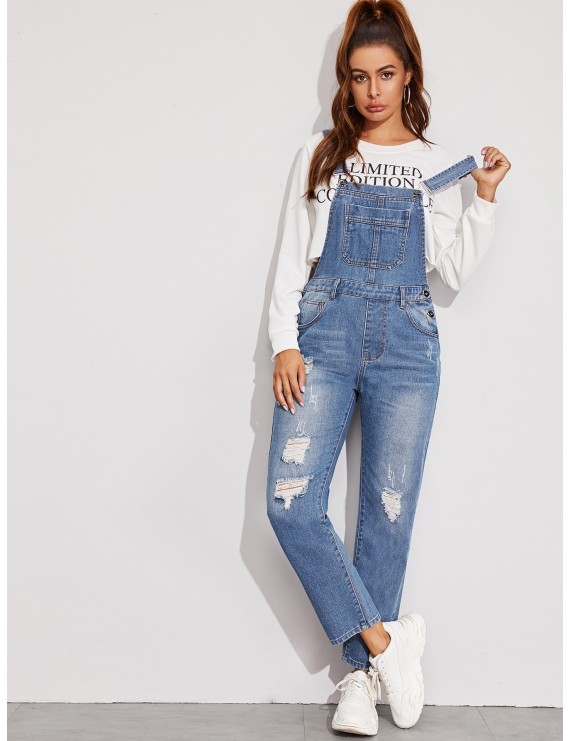 Washed Ripped Denim Dungarees