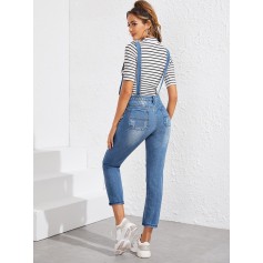Ripped Pocket Front Denim Overall