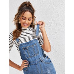 Ripped Pocket Front Denim Overall