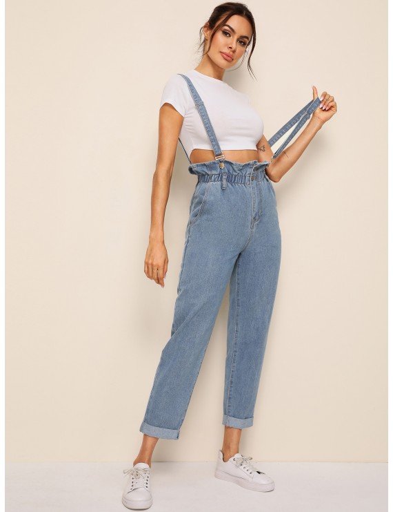 Paperbag Waist Button Front Jeans With Strap
