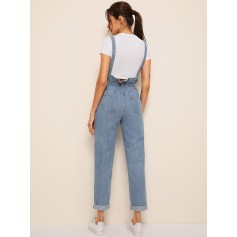Paperbag Waist Button Front Jeans With Strap
