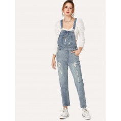Ripped Faded Denim Overalls
