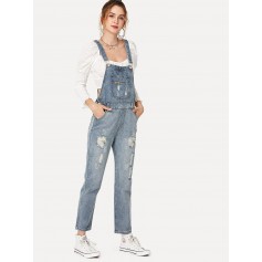 Ripped Faded Denim Overalls