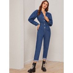 Puff Sleeve Pleated Detail Button Up Denim Jumpsuit