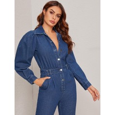 Puff Sleeve Pleated Detail Button Up Denim Jumpsuit