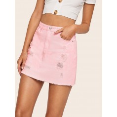 Pink Wash Ripped Raw Hem Denim Skirt