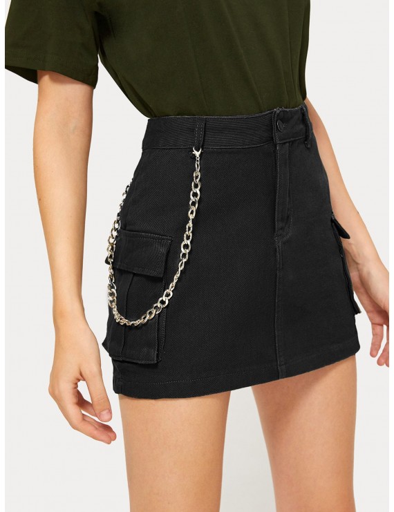 Button Waist Chain Detail Denim Skirt