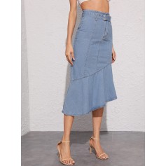 Asymmetrical Ruffle Hem Adjustable Belted Denim Skirt