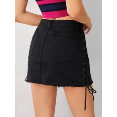 Raw Hem Lace Up Side Denim Skirt