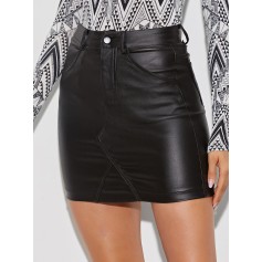 Solid Coated Slim Fitted Denim Skirt