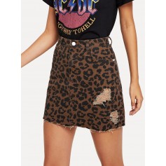 Leopard Print Rip Detail Skirt