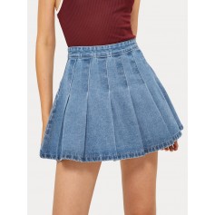 Pleated Flippy Hem Denim Skirt
