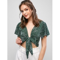 Tie Front Dotted Cropped Blouse - Green M
