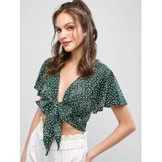 Tie Front Dotted Cropped Blouse - Green M