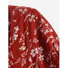  Smocked Floral Print Crop Blouse - Red S