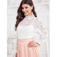  Poet Sleeve Openwork Scalloped Cuffs Lace Blouse - White S